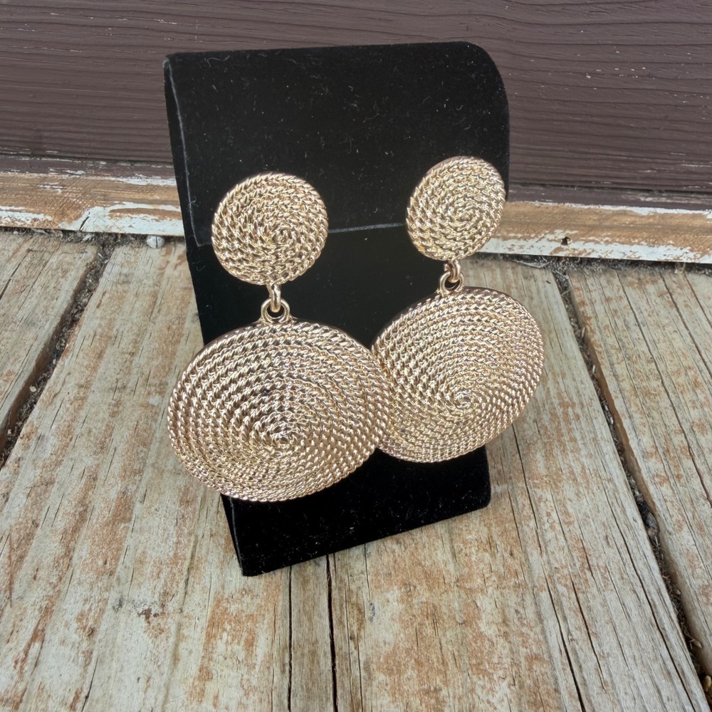 Gold Tone Rope Textured Spiral Disc Dangle Statement Earrings Boho Costume - Picture 2 of 5